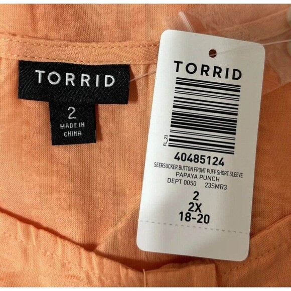 Torrid Seersucker Button Front Puff SS Top Papaya Punch Plus Size 2X (18/20) - Picture 7 of 11